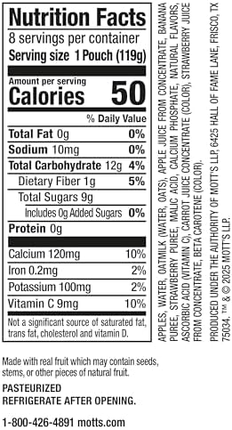 Mott’s Fruit Smoothies Strawberry Banana, 4.2 oz clear pouches, 8 Pack, Non-dairy, Made With Oatmilk, Made With Real Fruit, Good Source of Calcium, On-the-Go