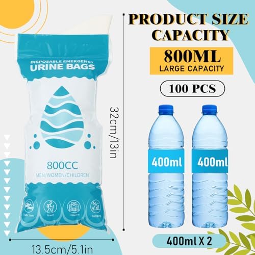 Nuogo 100 Pcs Disposable Urine Bag 800cc Portable Emergency Pee Bags for Men Women Unisex Urinal Bag for Travel Traffic Jams Camping Hiking Long Flights