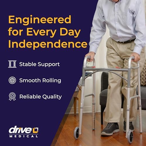 Drive Medical Two-Button Folding Walker With Wheels - Lightweight Rolling Mobility Support - Adjustable Height - Dual Push-Button Operation - 5 Inch Front Wheels - Durable Aluminum - Silver