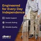 Drive Medical Two-Button Folding Walker w/ Wheels - Lightweight Rolling Mobility Support - Desk Arms - Adjustable Height - Dual Push-Button Operation - 5 Inch Front Wheels - Durable Aluminum - Silver