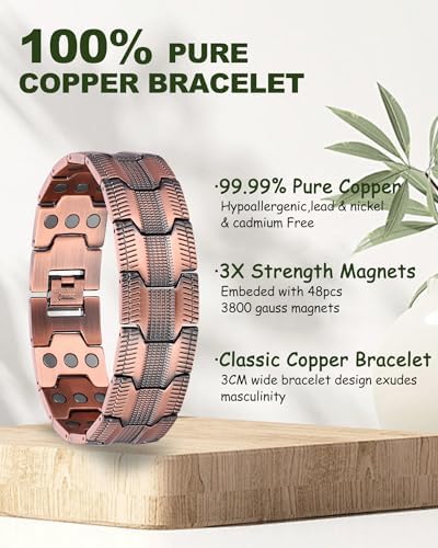 MagEnergy Copper Bracelet for Men, 3X Strength Magnetic Bracelet with 99.99% Pure Copper Ring & 3500 Gauss Magnets, Adjustable Length with Sizing Tool