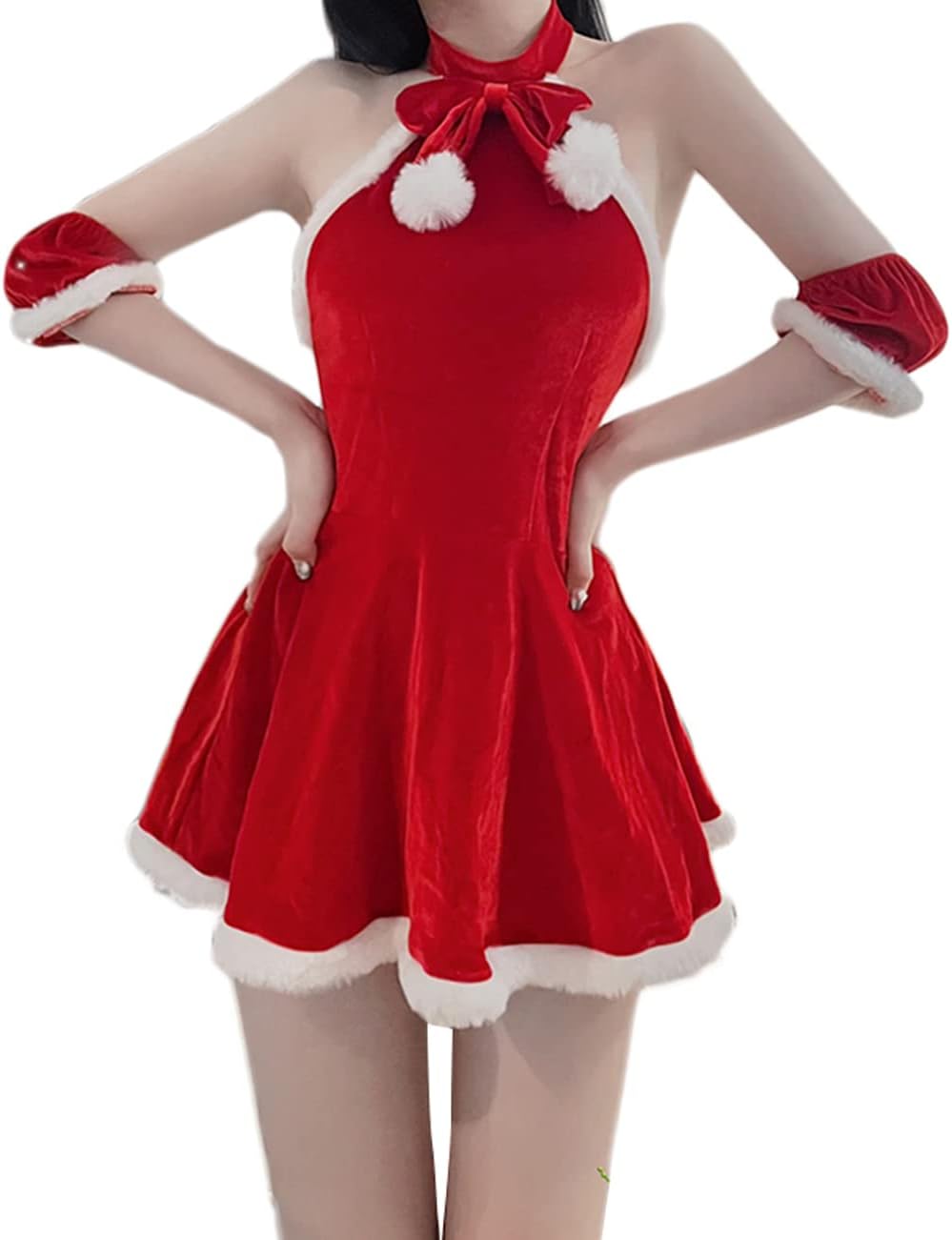Women's Costume Mrs. Claus Santa Christmas Outfits Sexy Lady Cosplay Halter Backless Mini Dress