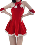 Women's Costume Mrs. Claus Santa Christmas Outfits Sexy Lady Cosplay Halter Backless Mini Dress