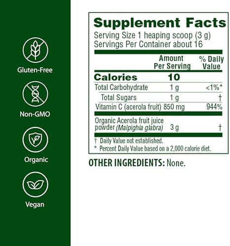 Flora Acerola Powder - Vitamin C & Antioxidants - Immune Support Supplement - Organic, Non-GMO & Vegan - 1.7 oz. Glass Bottle