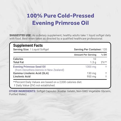 Naturalis Evening Primrose Oil (1300mg) | Natural from New Zealand | Non-GMO, Soy & Gluten Free, Zero Filler | 120 Softgels