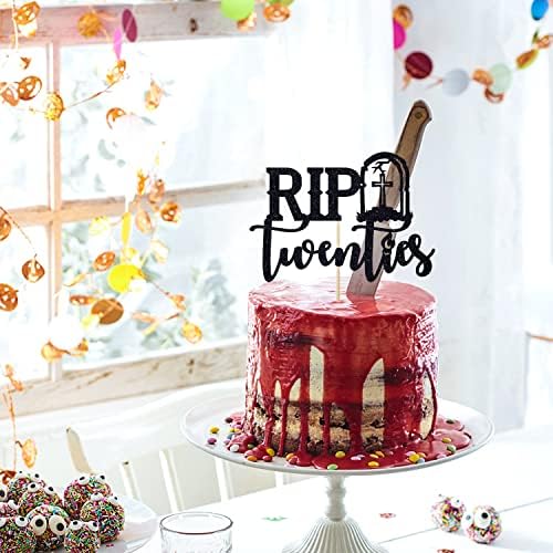 Rip Twenties Cake Topper, Death to My Twenties/Funeral for My Youth Cake Decorations, Old English Themed 30th Birthday Party Decorations Supplies, Black Glitter