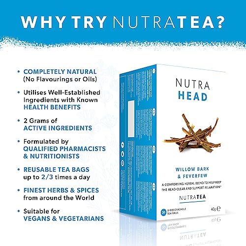 NUTRAHEAD - Migraine Relief Tea | Headache Relief Tea - For Migraine & Tension Headache Relief - Includes Feverfew,Willow Bark & Rhodiola - 40 Enveloped Tea Bags - by Nutra Tea - Herbal Tea - (2 Pack)