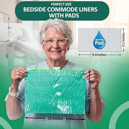 100 Commode Liners + 100 Absorbent Pads - Bedside Commode Liners with Absorbent Pads (40 Microns) - Extra Thick, Disposable, & Leak-Proof, Gel Absorbent Core, Vanilla Scent, Strong Drawstring Closure