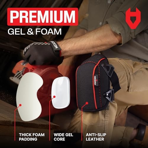 NoCry Flooring Knee Pads for Men with Extra-Wide Gel & Thick Foam Cushion — Floor-Safe Anti-Slip Leather Kneepads for Construction Work with Reinforced Adjustable Straps and Military-Grade Rivets