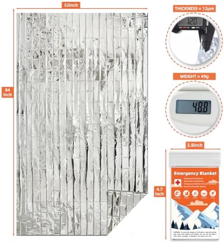 50 Pack Emergency Thermal Blanket Survival, Mylar Blankets for Outdoor, Space Blanket, Silver Foil for Survival, Survival Kit Camping Blankets, Body Warmer, First Aid, Hiking 84” x 52”