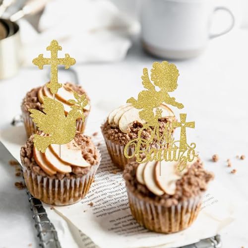 Rsstarxi 24 Pack Spanish Mi Bautizo Cupcake Toppers Golden Glitter Cross Angel Dove Baptism Cupcake Picks for Religious God Bless Baby Shower Birthday Baptism Party Cake Decorations