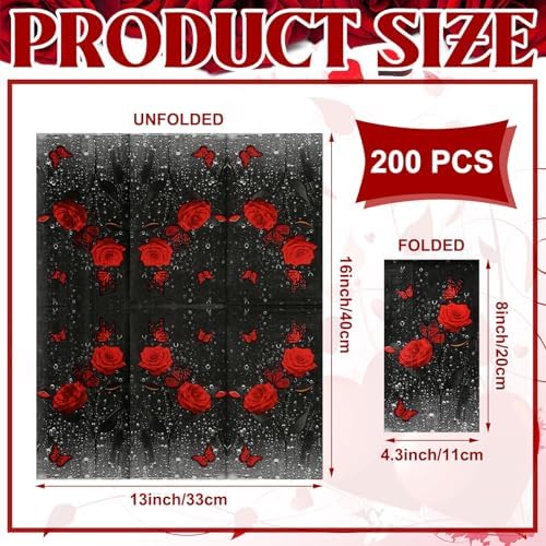 200 Pieces Red Rose Guest Napkins Derby Napkins 2 Ply Floral Disposable Guest Towels for Bathroom Floral Bathroom Paper Hand Towels for Kitchen Holiday Party Supplies Home Party Decoration
