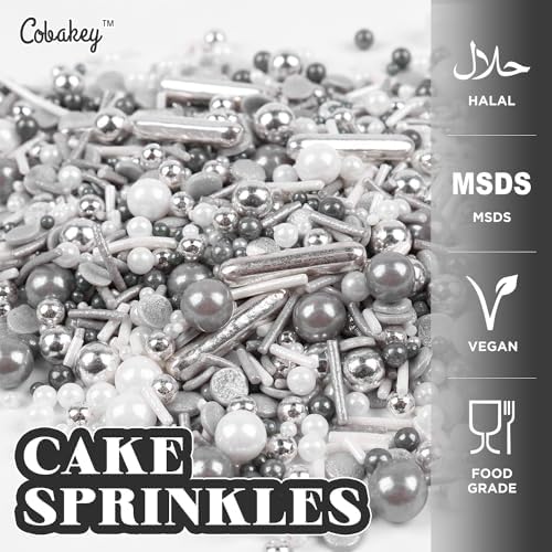 Gray & Sliver Sprinkles for Cake Decorating 4.23ounce - Sugar Mix Contains Metallic & Pearl Sprinkles for Cupcake Toppers, Ice Cream, Candy, Cookie Decorations - Holiday Party Supplies