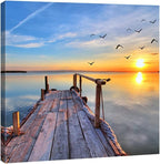 Canvas Wall Art, Sunset Lake Pier with Flying Birds, Nature Landscape Print, Home Decor (20x20 inches, Framed)