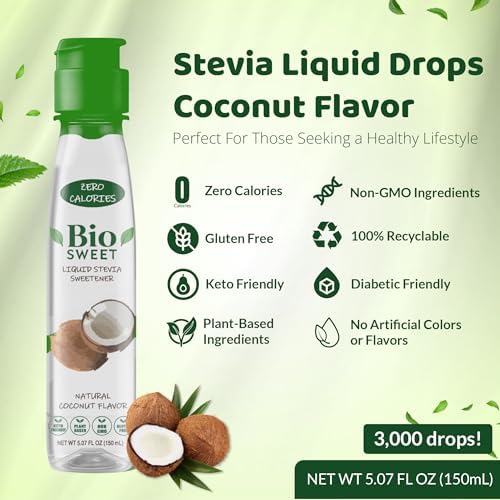 BioSweet Stevia Drops - Coconut Flavor | Zero Calorie Liquid Sweetener | Non GMO, Keto & Diabetic Friendly, Gluten Free, Vegan | Nothing Artificial | 3,000 drops (5.07 Fl Oz)