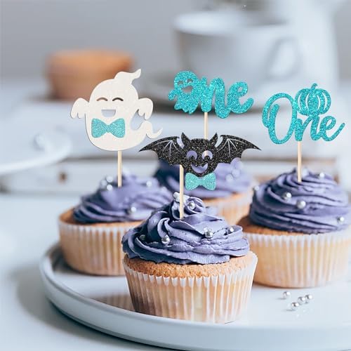 Rsstarxi 30 Pack Halloween Spooky One Cupcake Toppers Glitter Ghost Bat Spider Pumpkin First Birthday Cupcake Picks for Halloween Baby Shower Gender Reveal 1st Birthday Party Cake Decorations