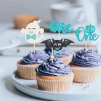 Rsstarxi 30 Pack Halloween Spooky One Cupcake Toppers Glitter Ghost Bat Spider Pumpkin First Birthday Cupcake Picks for Halloween Baby Shower Gender Reveal 1st Birthday Party Cake Decorations