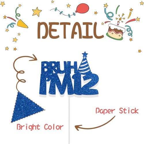 Bruh I'm 12 Cake Topper Blue Glitter 12th Birthday Party Cake Decor for Kids Boys Happy 12th Birthday Sign Funny Twelve Years Old Birthday Party Decoration Supplies