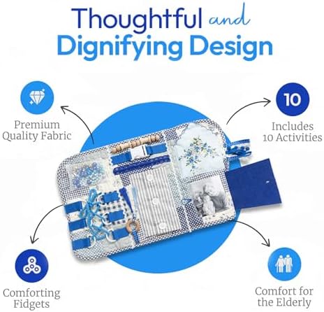 Fidget Blanket for Adults with Dementia w/Ten Dementia Gadgets & Activities, Best Gifts for Dementia Patients, 20 X 12 in, Blue Busy Blanket for Dementia Patients, Dementia Activities for Seniors