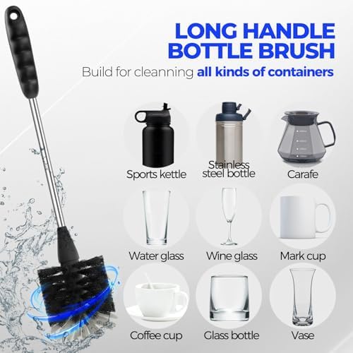 Holikme 6 Pack Bottle Brush Set, 14" Long Handle Stainless Steel Bottle Cleaner Brush, 3 Straw Brushes, 3-in-1 Bottle Cleaning Brush for Water Bottle, Antistatic Lab Brushes, Straws Black