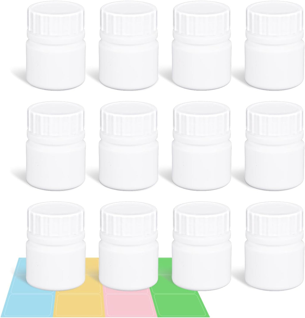 12 Pack Travel Pill Bottles - White Food Grade Plastic with Screw Caps & Labels, Small Pill Organizer for Pills, Vitamins, Capsules
