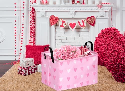 Valentine's Day Gift Basket Pink Heart Print Box Hamper Storage Basket Collapsible Organizer Bin Gift Shelf Baskets for Home and Kitchen Storage