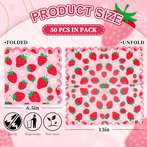 Whaline 50 Pcs Strawberry Scalloped Paper Napkins Pink Red Strawberry Flower Disposable Napkins Summer Fruit Luncheon Dinner Napkin for Birthday Party Table Supplies