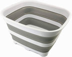 SAMMART 15L (3.9 Gallon) Collapsible Dishpan with Draining Plug - Foldable Washing Basin - Dish Washing Tub - Washing Up Bowl - Space Saving Kitchen Storage Tray (1, White/Grey)