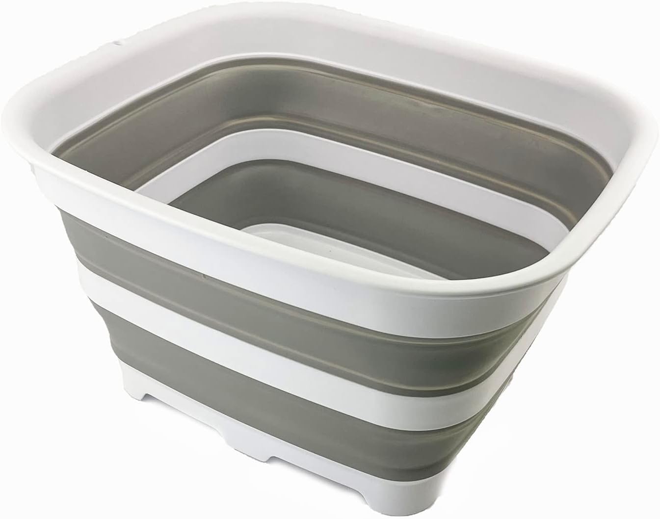SAMMART 15L (3.9 Gallon) Collapsible Dishpan with Draining Plug - Foldable Washing Basin - Dish Washing Tub - Washing Up Bowl - Space Saving Kitchen Storage Tray (1, White/Grey)
