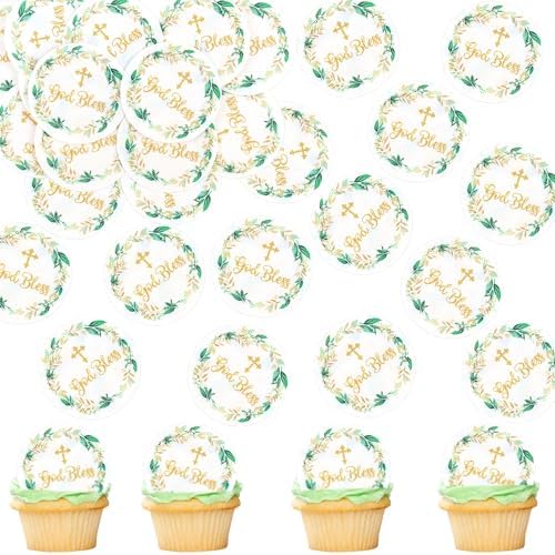 40 PCS Edible God Bless Cupcake Toppers Wafer Paper God Bless Cake Toppers Christian Theme Baby Shower Birthday Party Cake Decorations Supplies