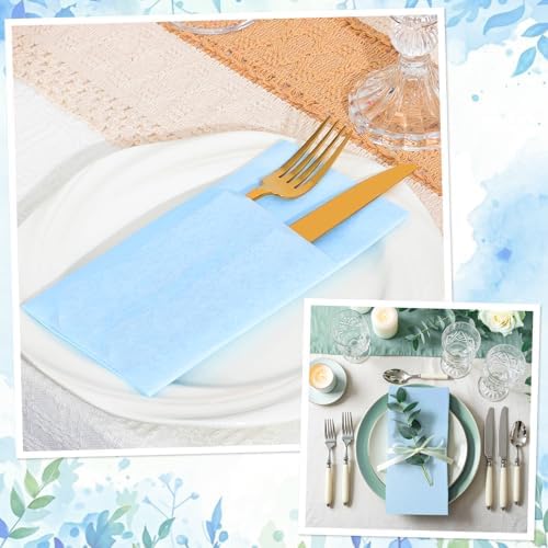 120 Pcs Light Blue Linen-Feel Paper Napkins with Built-in Flatware Pocket, Pocket Linen Napkins Prefolded Cloth Like Paper Napkins Bulk for Silverware Wedding Baby Shower Birthday Bridal Party