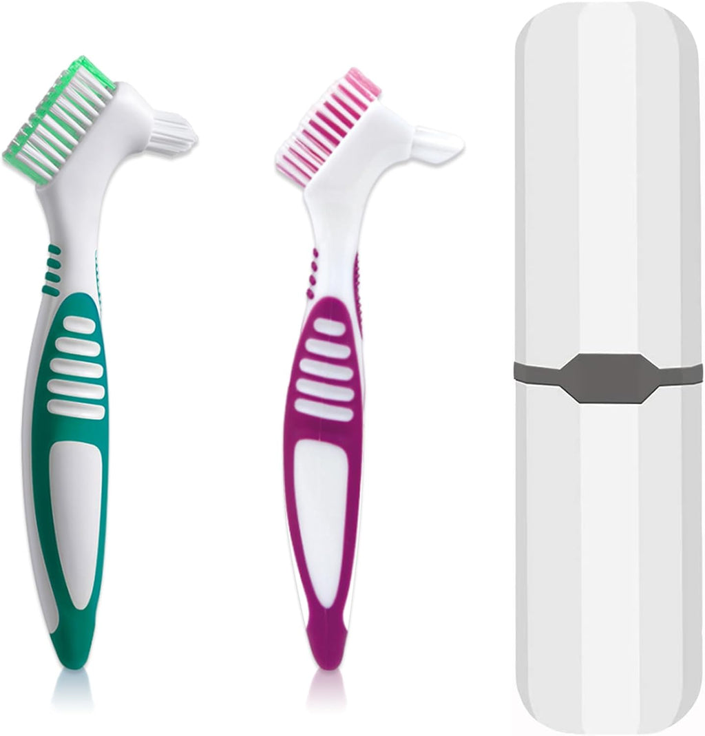 Denture Brush, 2 Pcs False Teeth Toothbrush with White Carrying Case, Multi-Tiered Bristles with Comfort Grip Handle for Effective Denture Cleaning