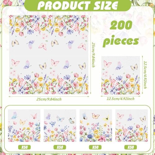 Fulmoon 200 Pieces Spring Floral Cocktail Napkins Disposable Wildflower Dessert Paper Napkins Bulk Flower Decoupage Beverage Towel for Summer Tea Party Dinner Decorative