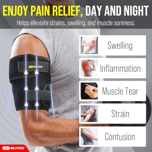 BLITZU Bicep Tendonitis Brace, Upper Arm Wrap, Tricep Compression Sleeve Support Bands for Men and Women with 2 Adjustable Straps, Pain Relief for Muscle Strains Recovery & Inflammation Black S-M