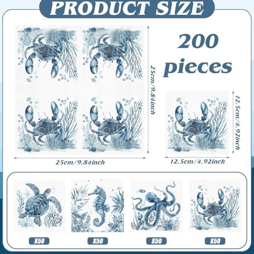 Fulmoon 200 Pieces Blue Ocean Animal Paper Napkins Under The Sea Turtle Octopus Disposable Napkin Nautical Dessert Guest Towels for Summer Baby Shower Dinner Party Supplies