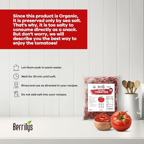 Sun-Dried Tomatoes, 2 LBS, USDA Organic, Berrilys, No Sulfur, No Preservatives, Seasalt is used as natural preservative, Raw, Non-GMO, Great Ingredient for Baking and Cooking