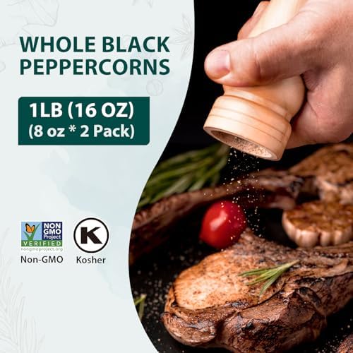 Soeos Black Peppercorns, 16oz(1LB), Non-GMO, Kosher, Packed to Keep Peppers Fresh, Whole Black Peppercorns for Cooking and Seasoning, 8oz (227g), Pack of 2