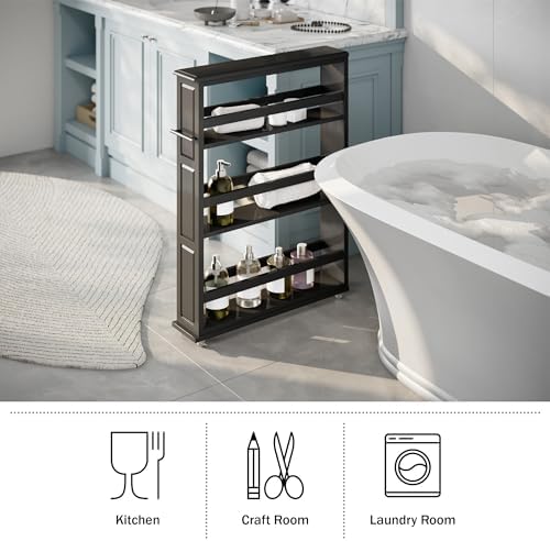 Lavish Home 3-Tier Slim Rolling Storage Cart - 25” x 5.7” Narrow Rolling Cart with Handle and Wheels for Bathroom, Laundry Room, and Kitchen Organization - Pull-Out Home Organizers (Black)
