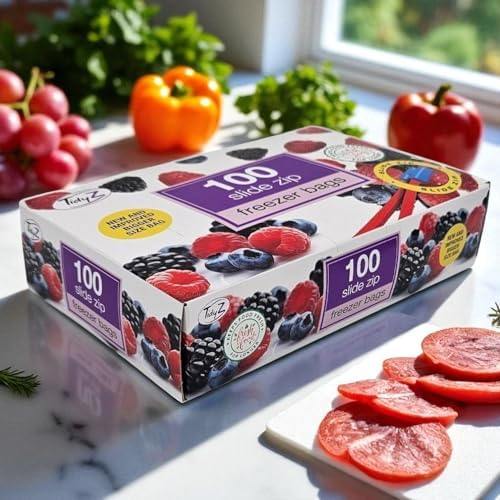 100 Slide Zip Lock Bags, Food Storage Freezer Bags, BPA Free Zip Seal Freezer bags for Fruit, Vegetables, Meat & Snacks - Reusable. In a dispenser Box. Large 23x23cm