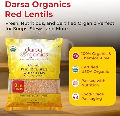 Darsa Organics Split Red Lentils (Masoor Dal) 2 lb |USDA Organic, Non-GMO, Vegan, Kosher| Rich in Protein & Fiber | Great for Soups, Salads & Curries