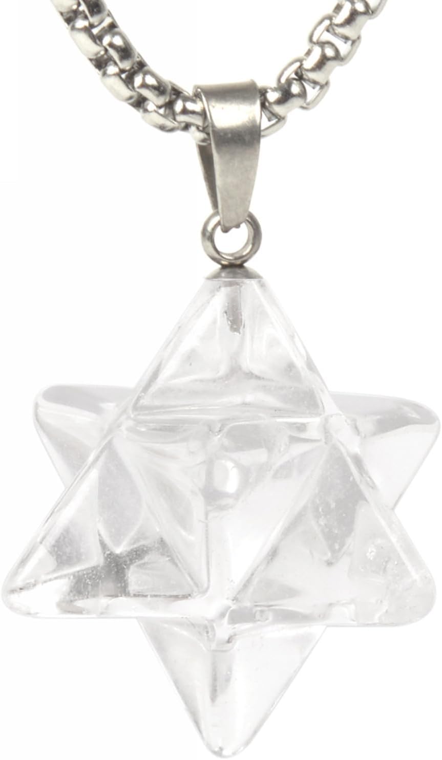 Justinstones Gemstone Carved 25mm Merkaba Star Crystal Sacred Healing Pendant Necklace 20 Inch