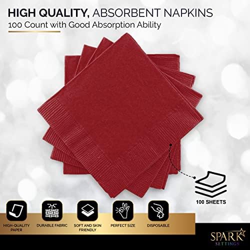 100 Pack Burgundy Beverage Napkins, Big Party Pack, 2 Ply, Ideal for Wedding, Party, Birthday, Dinner, Lunch, Cocktails. (5” x 5”) by Amcrate