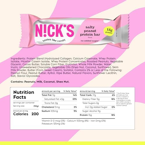 Nick's Protein Bars Variety Pack, Protein-Packed Snack, Low Calories, Low Carb Keto Friendly Snacks No Added Sugar, Salty Peanut, Chocolate Caramel and Almond Chocolate (12 Pack)