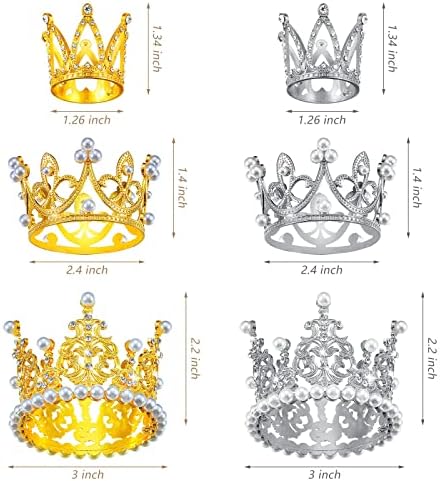 6 Pcs Crown Cake Topper Artificial Pearl Rhinestone Small Tiara Cake Topper Crowns for Decoration Birthday Wedding Baby Shower Party(Silver, Gold)