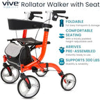 Vive Mobility Rollator Walker with Seat - Senior Easy Drive Folding Frame, Lightweight, Foldable, with Basket Support - Comfort Handles & Thick Backrest - Mobility Aid Accessories