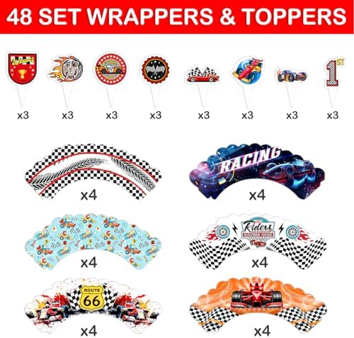 48PCS Race Car Themed Birthday Party Decorations | 24PCS Cupcake Toppers 24PCS Cupcake Wrappers Party Favors Supplies SuperCar Centerpiece Table Gifts for Boys Girls Carnival Prizes