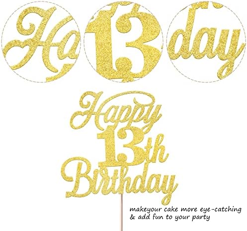 Rsstarxi 1 Pack Happy 13th Birthday Cake Topper Glitter 13 & Fabulous Cheers to 13 Years Old Birthday Cake Pick for Celebrating 13th Birthday Anniversary Party Cake Decorations Supplies Gold