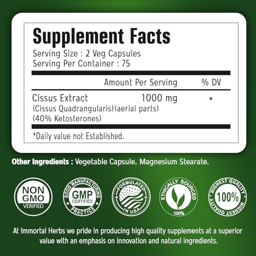 Cissus Quadrangularis Supplement 1000mg, 150 Pills, Pure Extract Powder with 40% Ketosterones, Non-GMO and Gluten-Free Cissus Extract Capsules for Men and Women