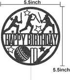 Cricket Happy Birthday Cake Topper Sport Theme Birthday Party Decorations for Boys Men Black Glitter