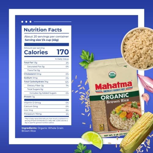 Mahatma Organic Brown Rice, 2-Pound Bag of Rice, Microwave Rice in 20 Minutes or Cook on Stovetop in 1 Hour
